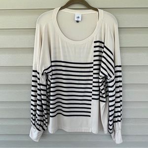 Cabi Cream and Navy Blue Stripe Long Sleeve Boxy Top Size M